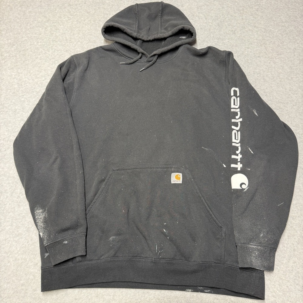 Carhartt Hoodie Mens XLT Black Sleeve Logo Fleece Pullover Paint Stains K288